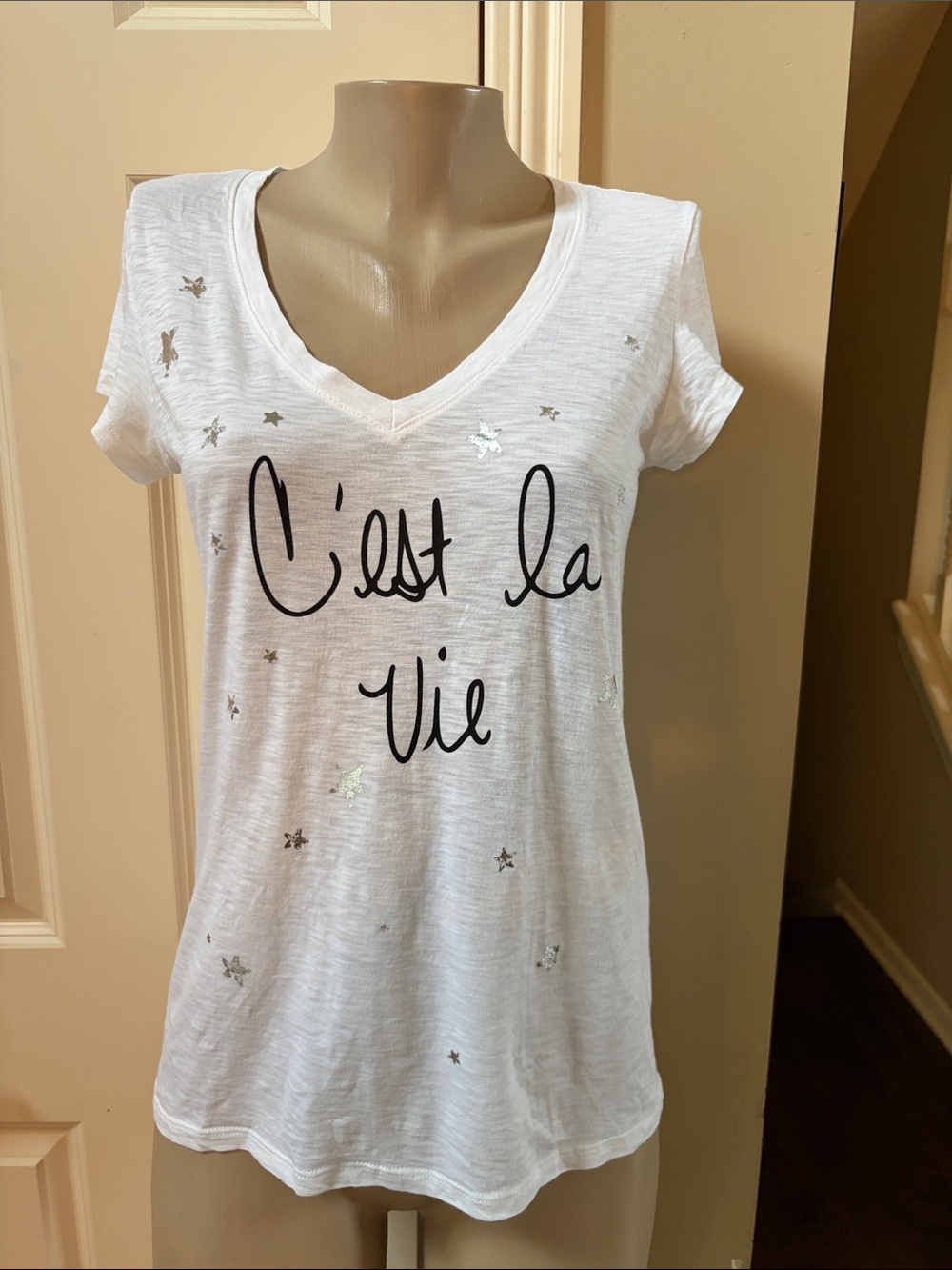 Michael Stars White V-Neck Tee with Black Script & Silver Star Accents, med